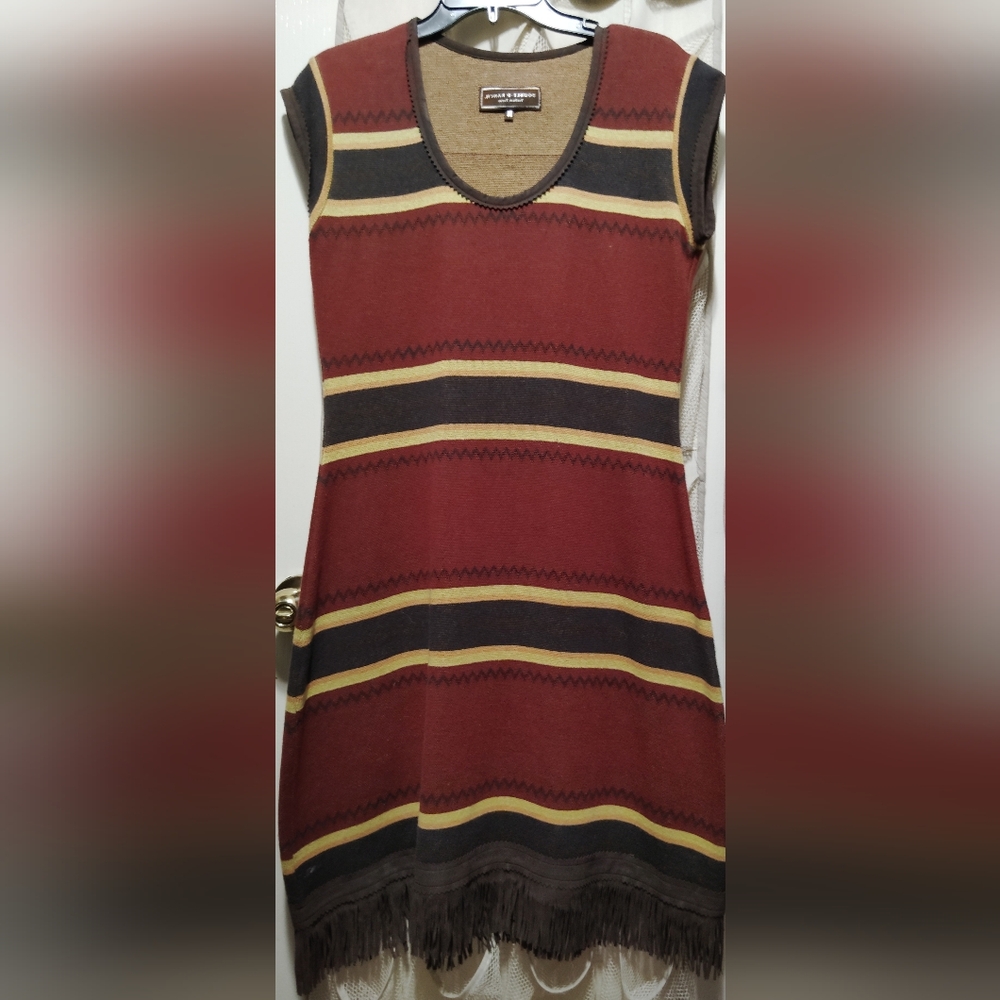 Double D Ranch Dress Size Small Stripe Brown Fringe Cap Sleeve Western Dress